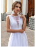 White Beaded Lace Chiffon High Slit Boho Beach Wedding Dress